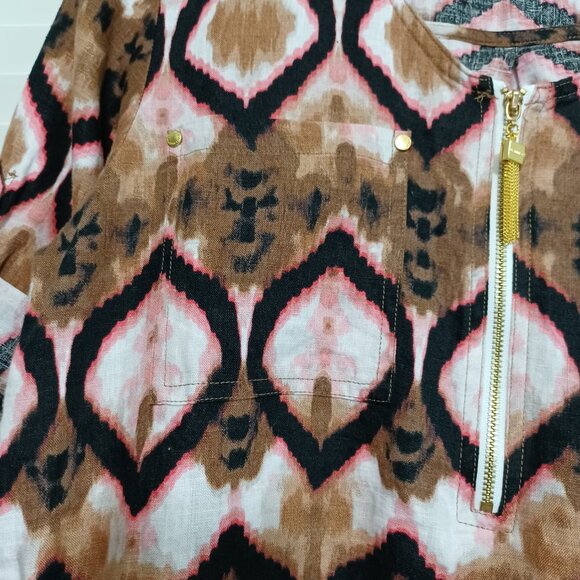 Ellen Tracy Linen Tunic Top Ikat Print Zipper Detail Size Small - Picture 8 of 11